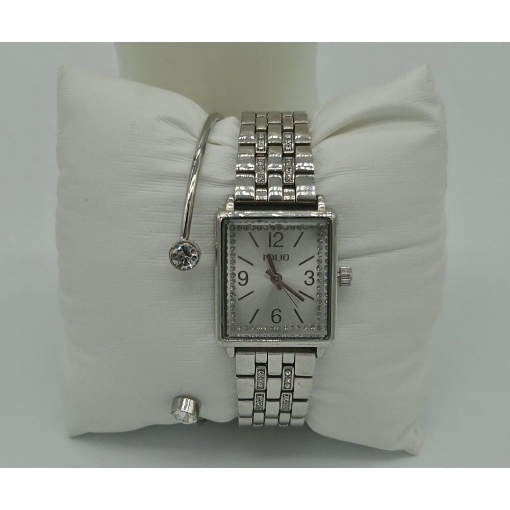 FOLIO Women's Silver Tone Tank Watch Set – Rhinestone Rectangular Dial & Cuff - Picture 2 of 4